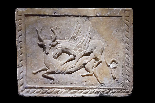 Funerary urn with griffin and stag, alabaster, from Volterra, Guarnacci etruscan museum, Volterra, Italy