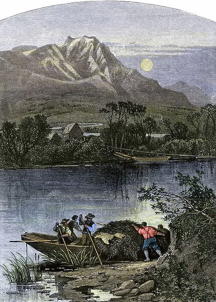 Fur merchant boat with a large pile of beetskin on the river 'Bear River', Utah, USA. Colouring engraving of the 19th century