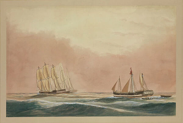 The Futty Satam being towed to Mauritius by the Barque Otter and the ship City of Poona 1851, c.1851 (watercolour)