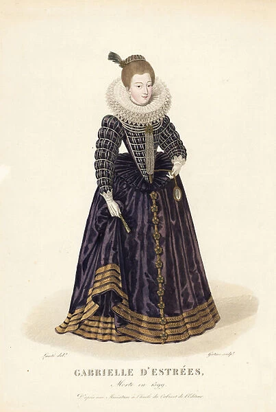 Gabrielle d Estrees, Marchioness of Monceaux, mistress of King Henry IV of France, 1571-1599. She wears her blonde hair tied in a pearl lattice, three-tier lace ruff collar, dress with slashed sleeves and corset