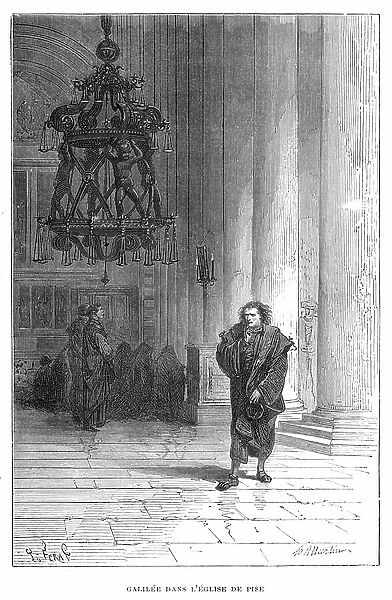Galileo observing the swaying of the chandelier in Pisa Cathedral, c.1584 (engraving)