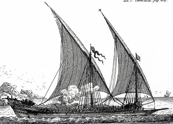 A Galley under sail, 18th century (engraving)