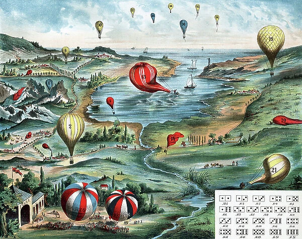 Game board and instructions depicts a varied landscape and waterfront filled with numbered balloons