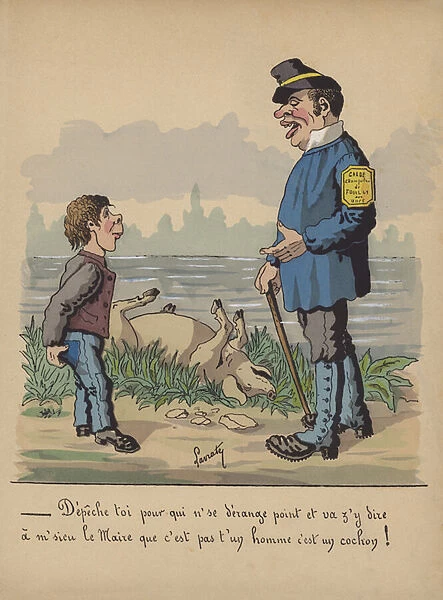 Gamekeeper and boy with a dead pig (colour litho)