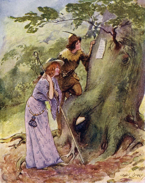 'Ganymede and Aliena were strangely surprised to find the name of Rosalind carved on the trees... '(colour litho)
