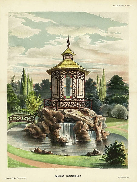 Garden architecture with bridge leading to gazebo above an artificial waterfall. Chromolithograph by P. de Pannemaeker from Jean Linden's l'Illustration Horticole, Brussels, 1883