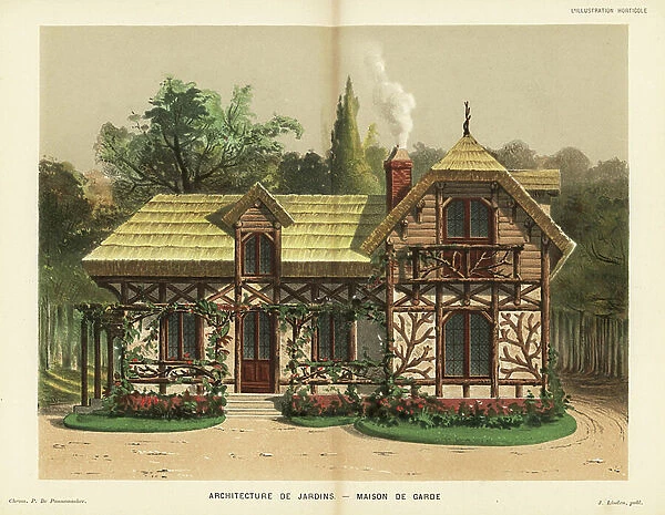 Garden architecture: guard house with rose trellis and thatched roof. Chromolithograph by P. de Pannemaeker from Jean Linden's l'Illustration Horticole, Brussels, 1883