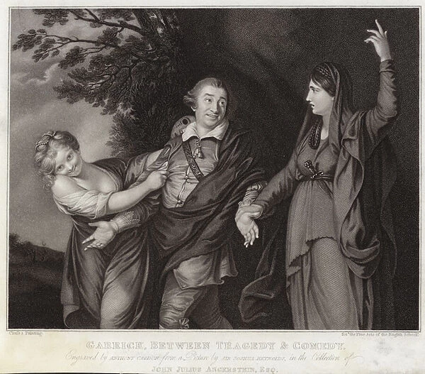 Garrick between tragedy and comedy (engraving)