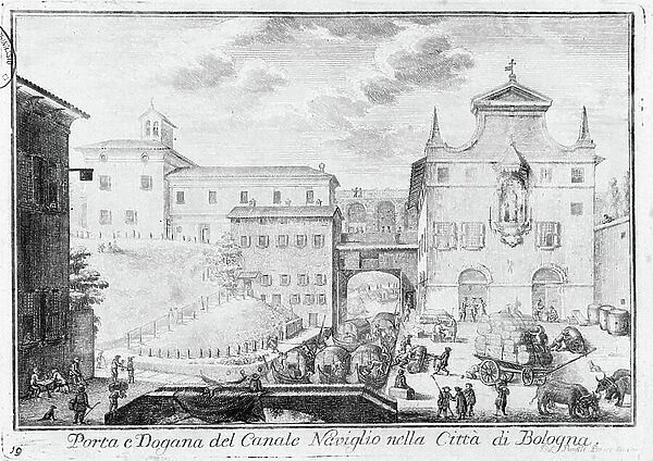 Gate and Customs of the Canal Naviglio in Bologna. Engraving by Pio Panfili (1723-1812). Archiginnagio Library (University of Bologna)
