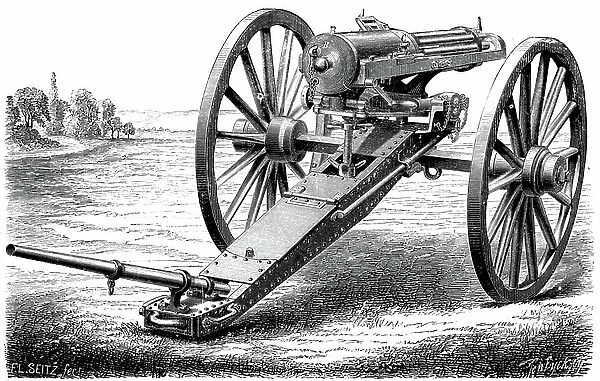 Gatling rapid fire gun (1861-62): Various models. From The Science Record New York, 1762. Engraving