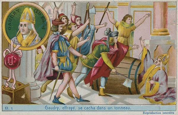 Gaudry, frightened, hiding in a barrel (chromolitho)