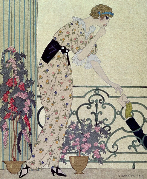 'Gazette du Bon Ton', costume plate from the 'N en Dites Rien', a lady standing on a balcony receiving a letter, 1913