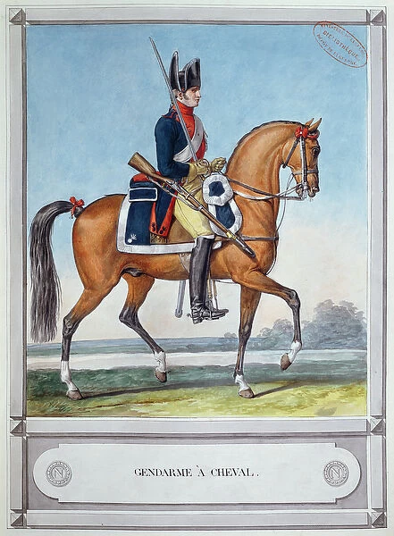 Gendarme mounted on a horse, c. 1812 (colour litho)