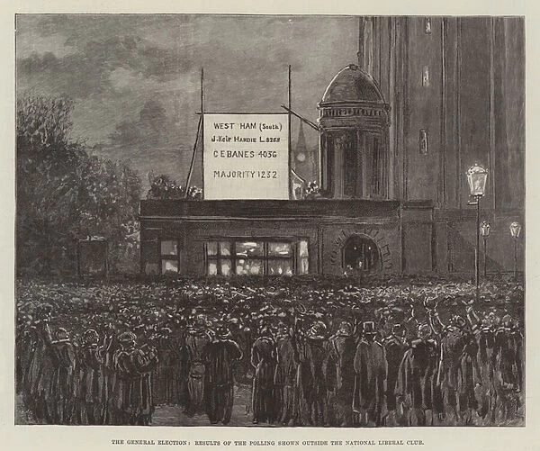 The General Election, Results of the Polling shown outside the National Liberal Club (engraving)