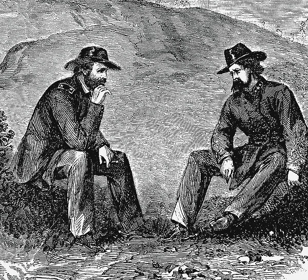 General US Grant (left) negotiating terms with General John Clifford Pemberton (1814-1881) Confederate (southern) commander for surrender of Vicksburg. American Civil War 1861-1865. Engraving
