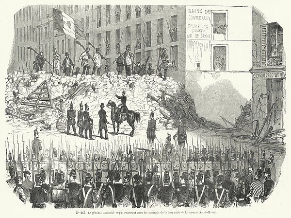 General Lamoriciere negotiating with armed workers defending their barricade outside the Saint Martin barracks, Paris, 23 June 1848 (engraving)