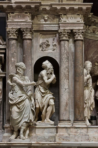 Genoa, Duomo (St Lawrence Cathedral), inside, Cybo chapel (northern arm of the transept), Funerary Monument of Archbishop Giuliano Cybo: from the left, statues of Abraham, St Jerome and St Peter, by Giangiacomo and Guglielmo Della Porta