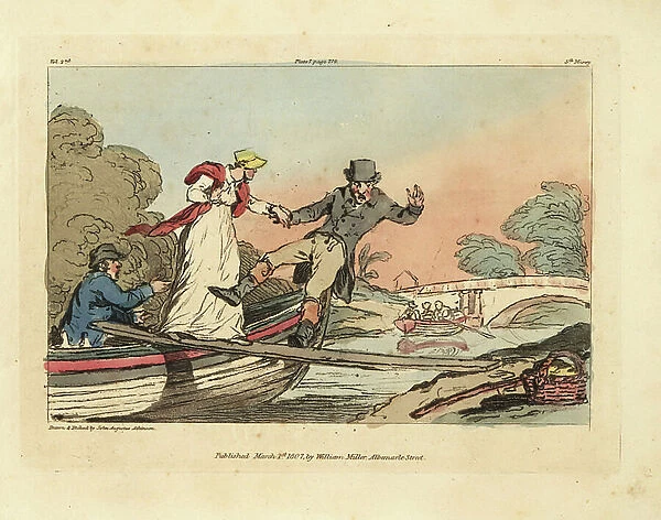 Gentleman helping a lady off a boat, losing his footing and falling in the river. Handcoloured copperplate drawn and etched by John Augustus Atkinson from Illustrations of the Miseries of Human Life, William Miller, London, 1807