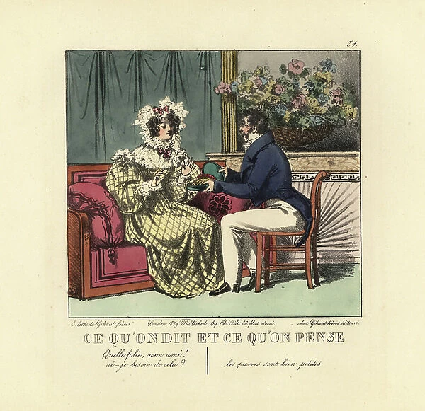 Gentleman presenting a lady with a necklace in a parlor. She says, It's madness, my friend! Am I worth it? She thinks, The stones are so tiny. Handcoloured lithograph by the Gihaut brothers after an illustration by Swiss artist Jean Gabriel Scheffer
