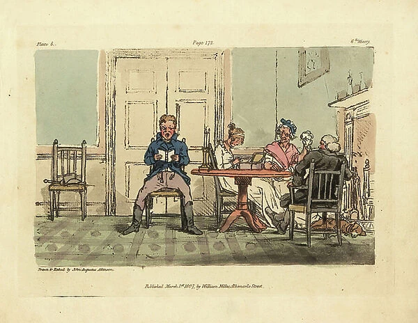 Gentleman reading a comedy aloud in a living room, when half asleep and quite stupid. Handcoloured copperplate drawn and etched by John Augustus Atkinson from Illustrations of the Miseries of Human Life, William Miller, London, 1807