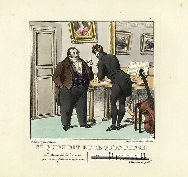 Two gentlemen composers in a music room before a piano, 19th century. The portly man says, I'd give three operas to have created your romance. Handcoloured lithograph by the Gihaut brothers after an illustration by Swiss artist Jean Gabriel Scheffer