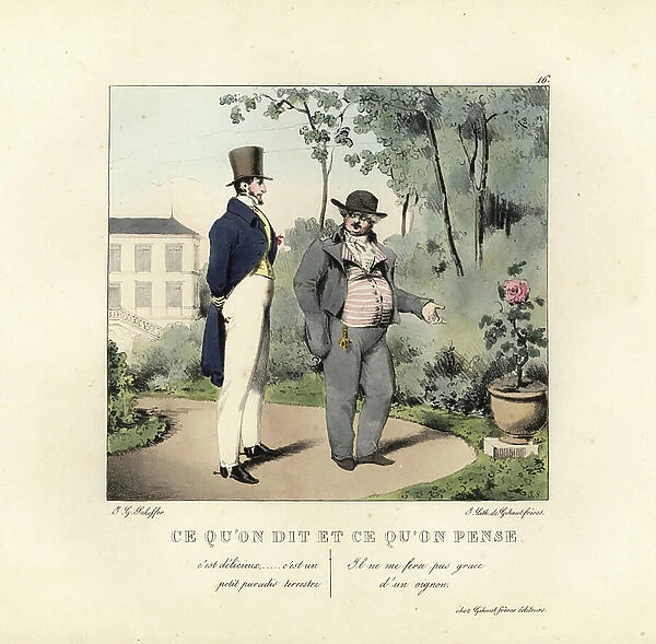 Gentlemen in a English garden admiring a rose. He says, It's like paradise on earth. He thinks, It has less grace than an onion. Handcoloured lithograph by the Gihaut brothers after an illustration by Swiss artist Jean Gabriel Scheffer from Petites