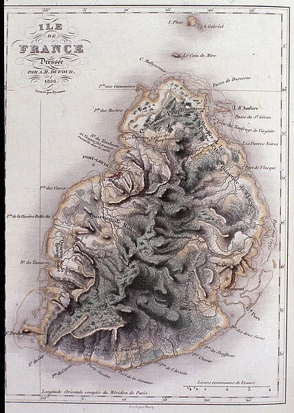Geographic map of Mauritius (Anc. Ile de France) - engraving, 1838