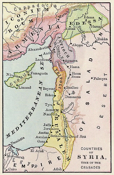 Geographic map of the Middle East at the time of the Crusades. Lithography, 19th century