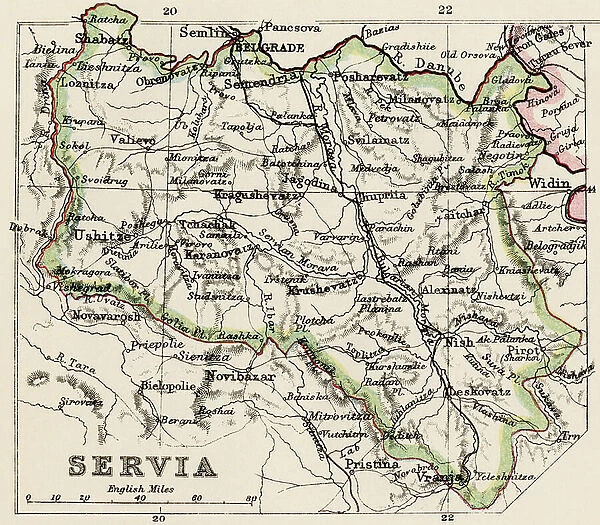 Geographic map of Serbia in the 1870s. 19th century colour lithography