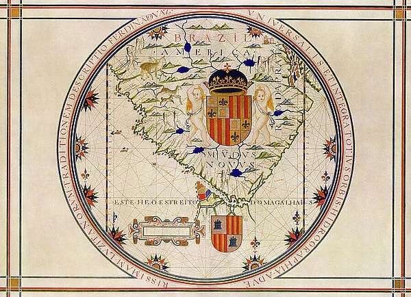 Geographic map of South America, showing Brazil, Patagonia, Tierra del Fuego and Magellan Detroit, printed in Lisbon (Portugal) in 1571. Color lithography, 19th century