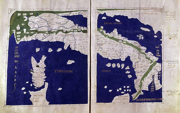 Geographical map of Italy. Miniature from the 15th century, based on the manuscript Geographia (Geography) by Claudius Ptolemaeus (Claudius Ptolemaeus, 90-168). Greek translation. Ref: MS Gr. S.388 (33) FF. 5V°-6R°