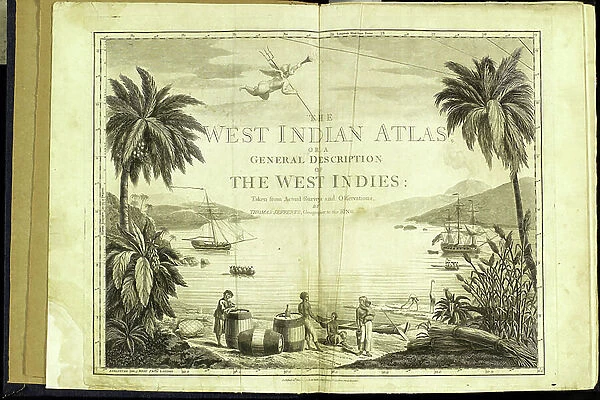 Geography Atlas: frontispiece of 'The west indian atlas or general description of west indies' by Thomas Jefferys, Prince of Wales geographer, 1794. Biblioteca Jose Marti, Havana, Cuba