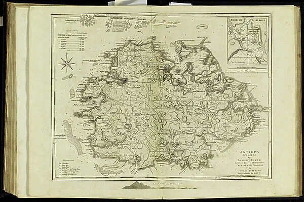 Geography Atlas: representation of the island of Antigua in the Caribbean. Map taken from 'The west indian atlas or general description of west indies' by Thomas Jefferys, geographer of the Prince of Wales, 1774. Biblioteca Jose Marti, Havana, Cuba