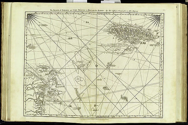 Geography Atlas: representation of the island of Jamaica in the Caribbean archipelago. Map taken from 'The west indian atlas or general description of west indies' by Thomas Jefferys, geographer of the Prince of Wales, 1774