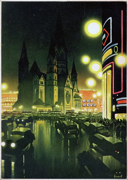 Geography. Germany. Berlin, Evening near the Kaiser Whilhelm Memorial Church (Kaiser Wilhelm Gedachtniskirche). Poster by Jupp Wiertz, Germany, 1936. (postcard)