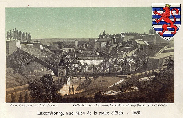 Geography. Luxembourg. City of Luxembourg. Postcard inspired by a sketch by J.B. Fresez (1835), c.1900 (postcard)