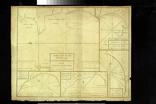 Geography: Map of Puerto Rico Island, Beata Island, Hispaniola coasts in the West Indies. Map from an Atlas of Maritime Geography of 1767. Biblioteca Jose Marti, Havana, Cuba