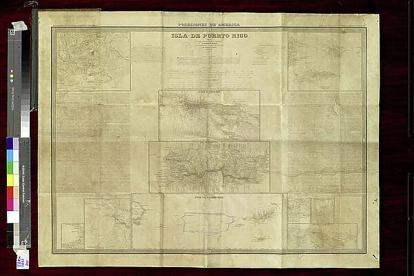 Geography: Map of Puerto Rico Island in the Caribbean with descriptive text. Map from an Atlas of Geopolitics from 1851. Biblioteca Jose Marti, Havana, Cuba