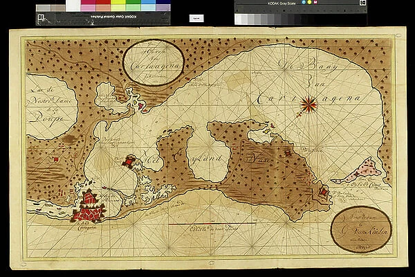 Geography map: representation of Cartagena Bay (Cartagena) in Colombia, made by Dutch cartographer Gerard van Keulen (1678-1726) 1709-1713. Biblioteca Angelica, Rome
