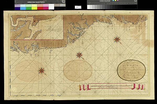 Geography map: representation of the coasts of Surinam (Suriname) or Dutch Guiana, made by Dutch cartographer Gerard van Keulen (1678-1726) 1709-1713. Biblioteca Angelica, Rome