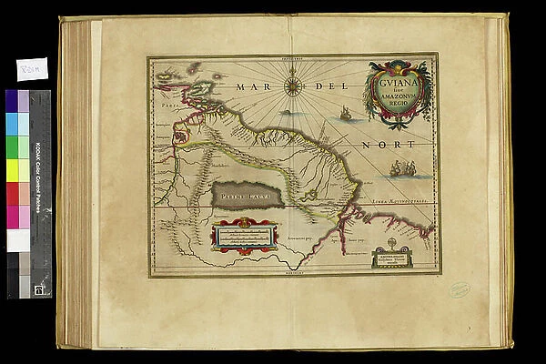 Geography map: representation of Guyana in the Amazon in South America from an Atlas made by cartographer Willem Janszoon Blaeu (1571-1638), approximately 1630. Biblioteca Angelica, Rome