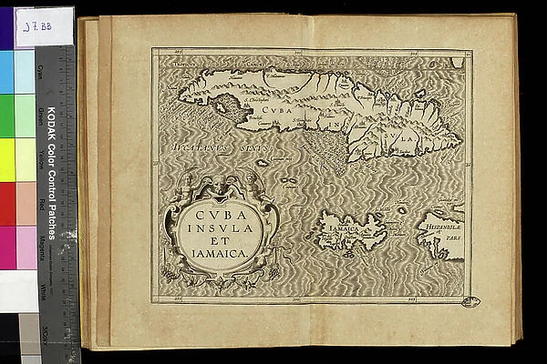 Geography map: representation of the islands of the Greater Antilles (Cuba, Hispaniola, Jamaica) in the Caribbean Sea. Engraved board from an Atlas of the 18th century. Biblioteca Angelica, Rome