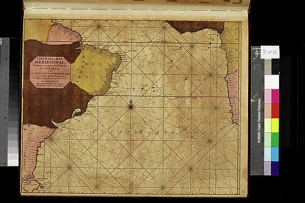 Geography map: representation of the Meridional Ocean (or southern Atlantic Ocean) with South American (Brazil) and West African coasts. Plate taken from an atlas by Pierre Mortier (1661-1711), beginning of the 18th century