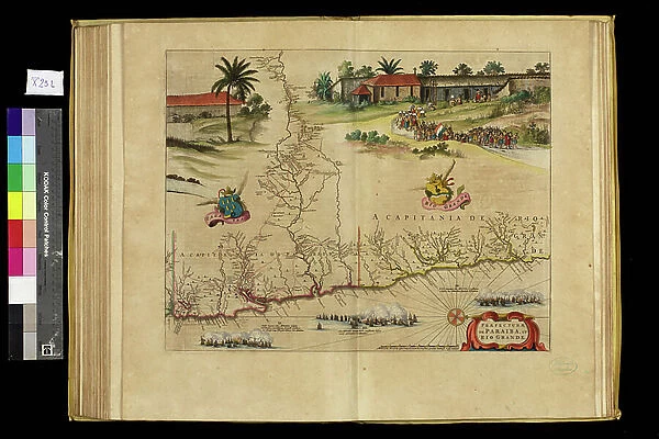 Geography map: representation of the Paraiba region in northern Brazil where the Rio Grande river of the North in South America is located from an Atlas made by the cartographer Willem Janszoon Blaeu (1571-1638)