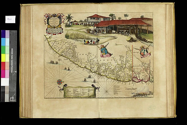 Geography map: representation of the state of Penambuco in northern Brazil in South America from an Atlas made by cartographer Willem Janszoon Blaeu (1571-1638), approximately 1630 Biblioteca Angelica, Rome