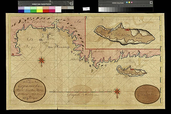 Geography map: representation of Turtle Island off Hispaniola near the Passage of the Winds between Cuba and Hispaniola, made by Dutch cartographer Gerard van Keulen (1678-1726) 1709-1713. Biblioteca Angelica, Rome