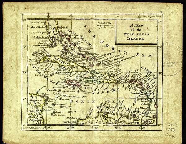 Geography: map showing the Gulf of Mexico, the Caribbean Islands, Central America (Honduras, Costarica), northern South America (Venezuela) and southern United States. Map from an Atlas of 1763. Biblioteca Jose Marti, Havana, Cuba