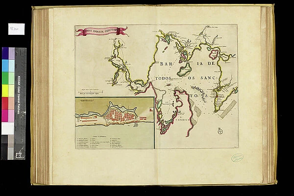 Geography map: view of the bay of C (Sao Salvador da Bahia de Todos os Santos) from an Atlas (probably by Willem Janszoon Blaeu, 1571-1638) 17th century, Biblioteca Angelica, Rome