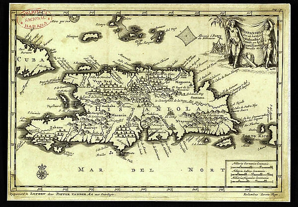 Geography: representation of the island of Hispaniola with the east coast of the island of Cuba in the Caribbean Sea. Map taken from an Atlas of American Cotes by Pieter Vander AA based on the description of the New World at the time of its