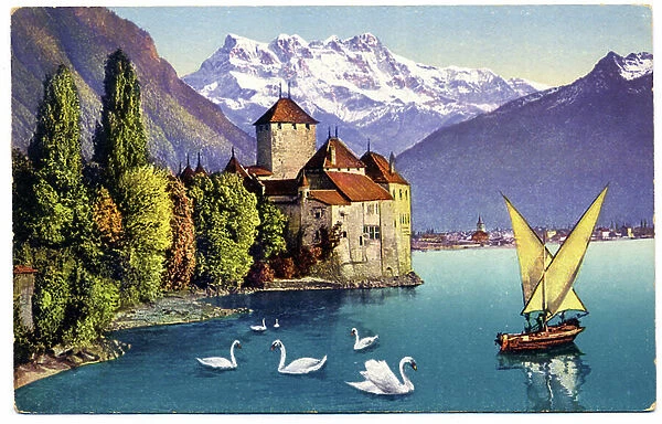 Geography. Switzerland, Lake Geneva, Chateau Chillon. Postcard, Switzerland, c.1900 (postcard)